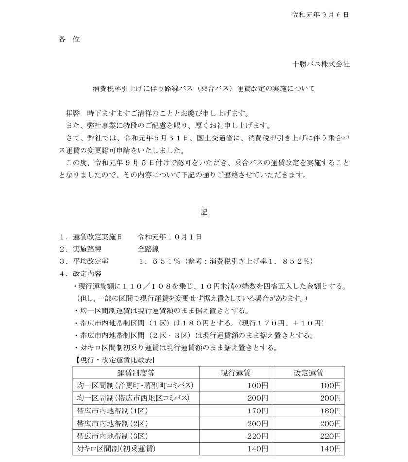 Route bus due to the consumption tax hike on the implementation of (riding together bus) fare revision